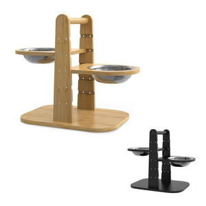 Adjustable Raised Dog Bowls Bamboo Elevated Feeder Stand with 2 Stainless Steel Bowls Pet Dining Table Feeding Station