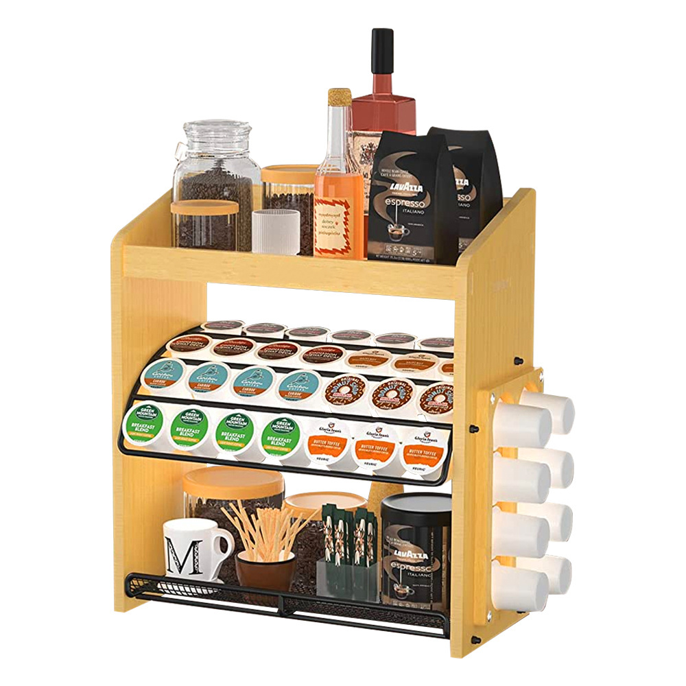 wooden coffee pod capsule storage drawer bamboo upright coffee pod condiment and cup storage organizer with bamboo rack