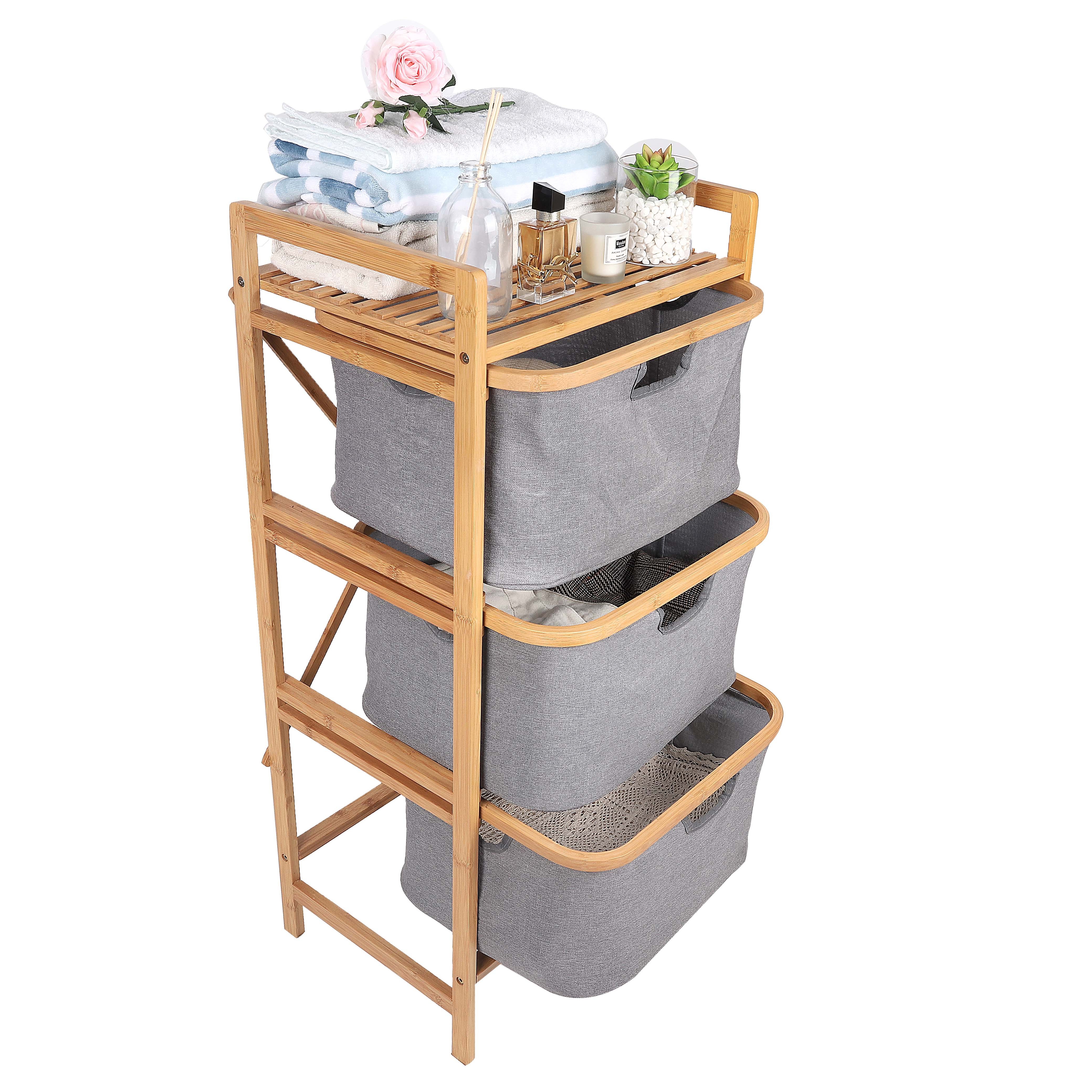 Natural Entryway Bedroom 3-Drawer Laundry Hamper Bamboo Storage Shelf  Storage Box