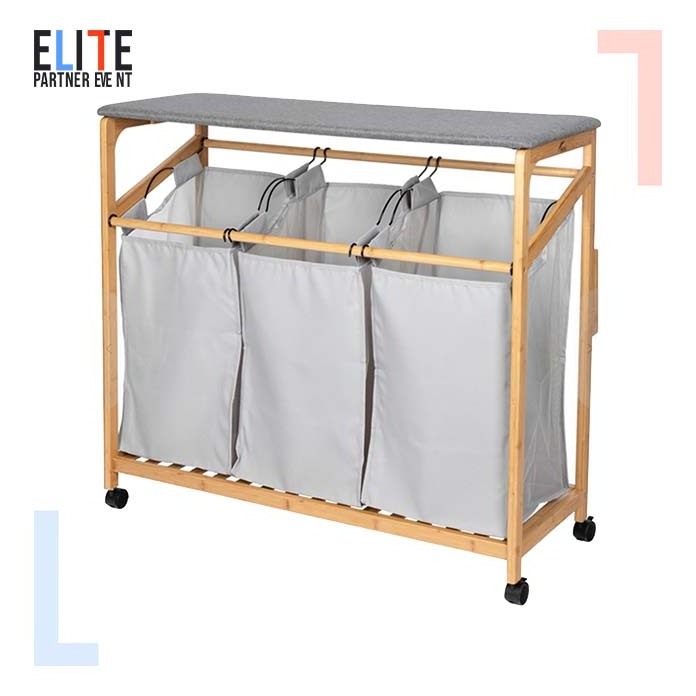 Bamboo Laundry Storage Cart with Ironing Board Basket Hamper Sorter Cart Trolley with 2 Laundry Basket and Wheels