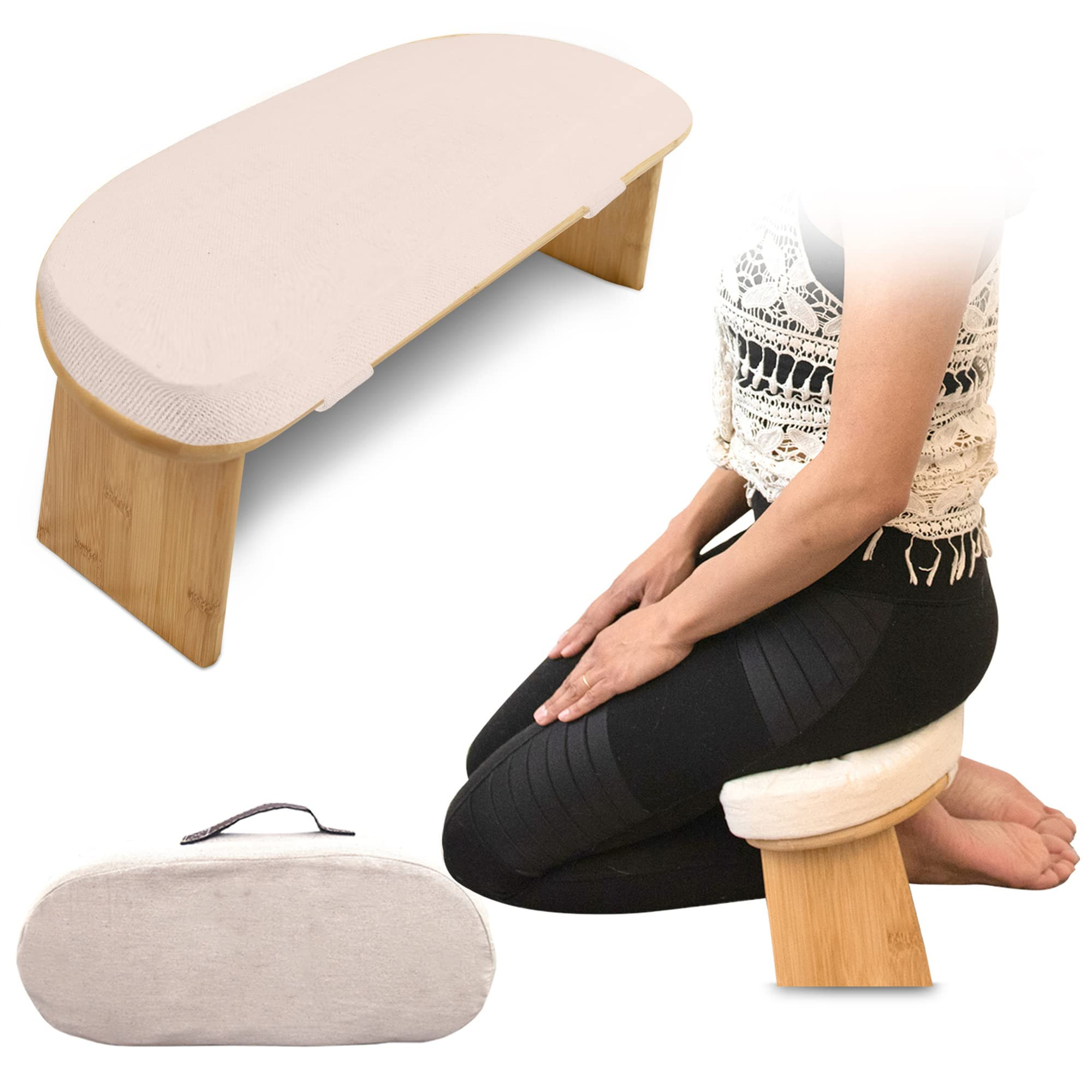 Bamboo Yoga Bench Includes Carrying Bag Kneeling Meditation Bench with Foldable Legs and Cushion Foldable Meditation Bench