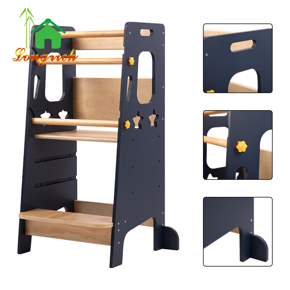 Wood Kitchen Helper Step Stool Learning Tower Adjustable Height Foldable Montessori Learning Tower With Blackboard