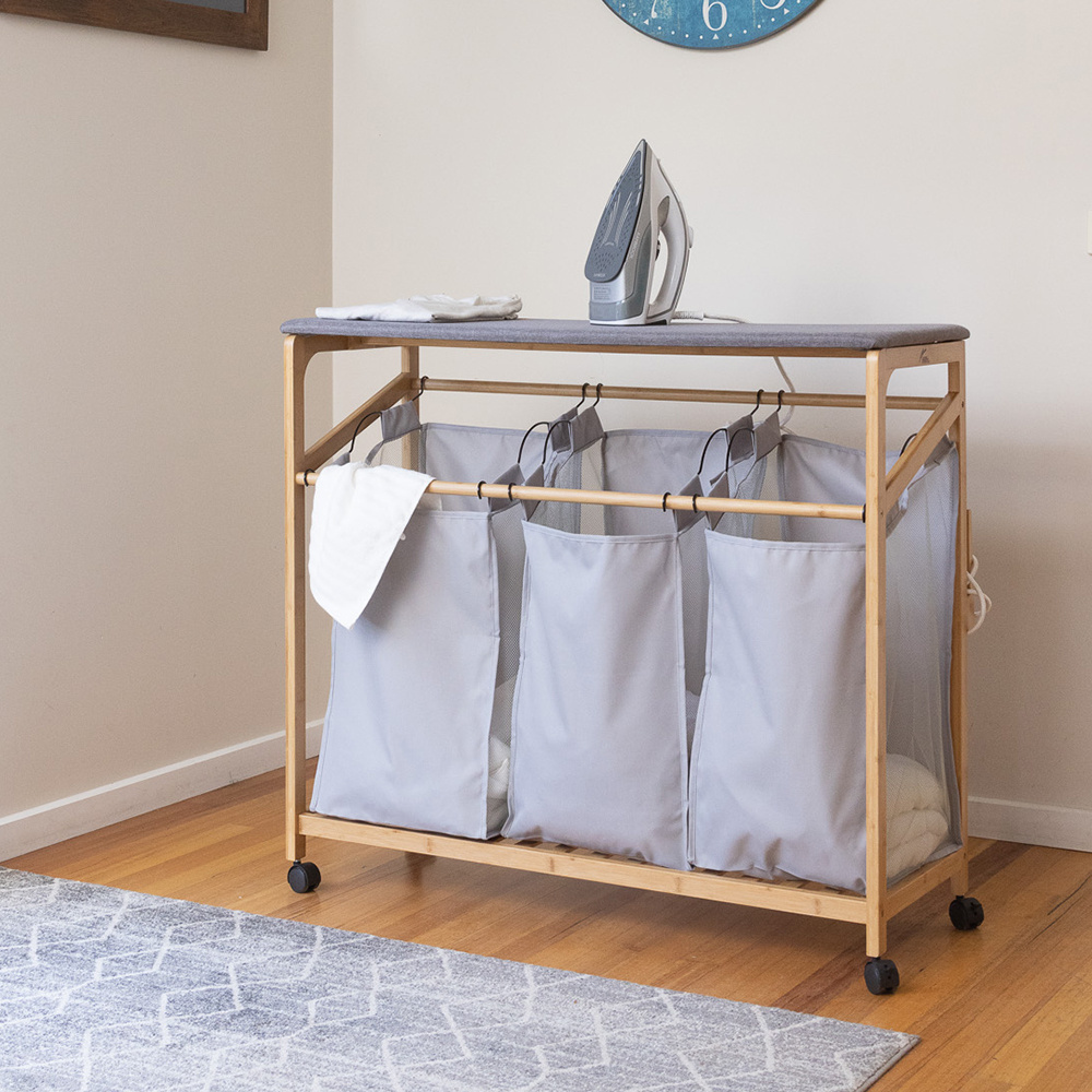 Bamboo Laundry Storage Cart with Ironing Board Basket Hamper Sorter Cart Trolley with 2 Laundry Basket and Wheels