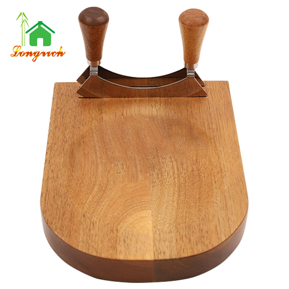 Rocker Mincing Mezzaluna Knife Acacia Wooden Curved Round Cutting Board Herb Board Salad Chopper