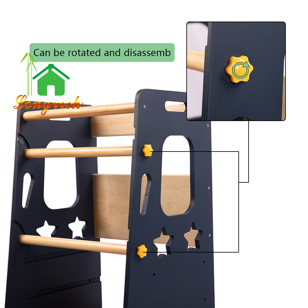 Wood Kitchen Helper Step Stool Learning Tower Adjustable Height Foldable Montessori Learning Tower With Blackboard