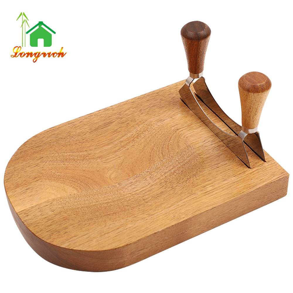 Rocker Mincing Mezzaluna Knife Acacia Wooden Curved Round Cutting Board Herb Board Salad Chopper