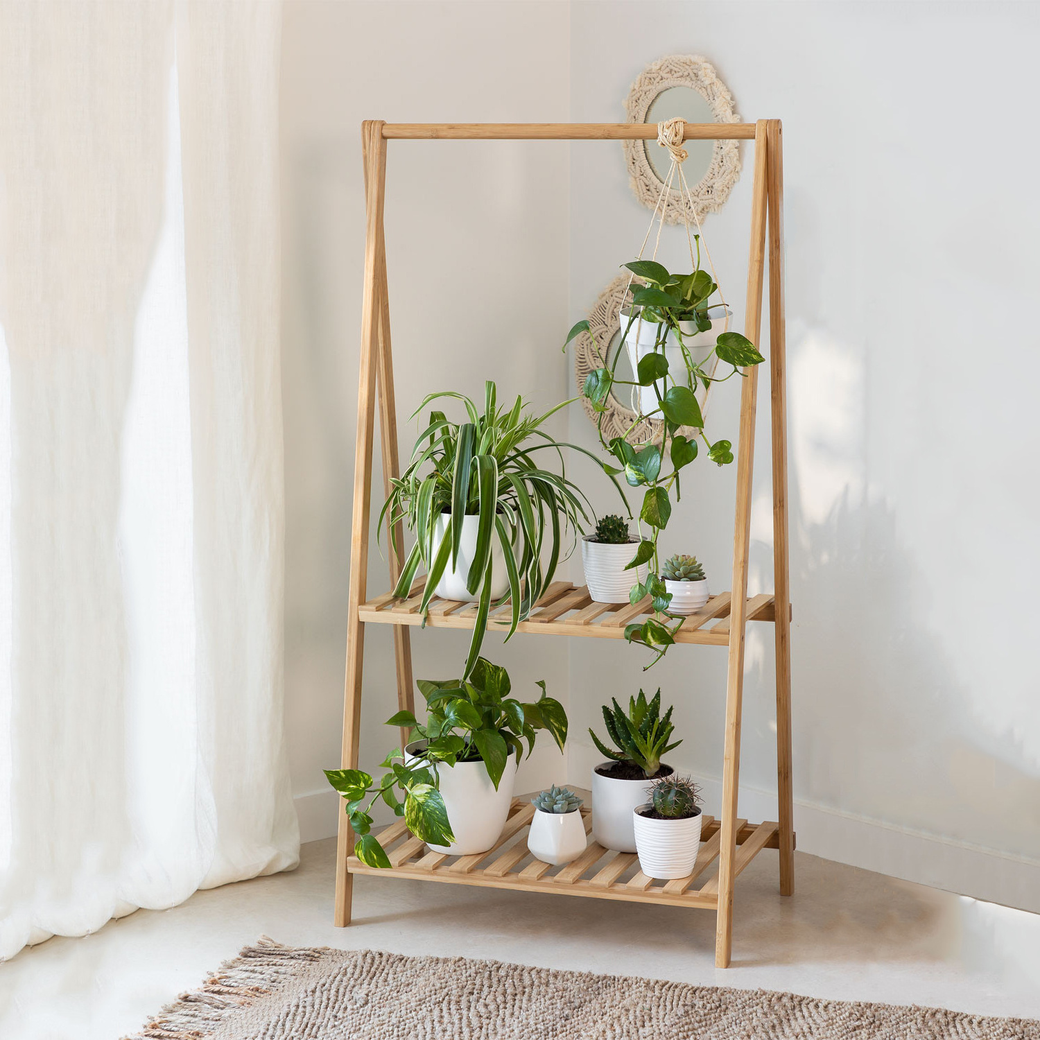 Eco friendly 2 tier lnatural bamboo wooden shoes storage shelf plant display stand rack