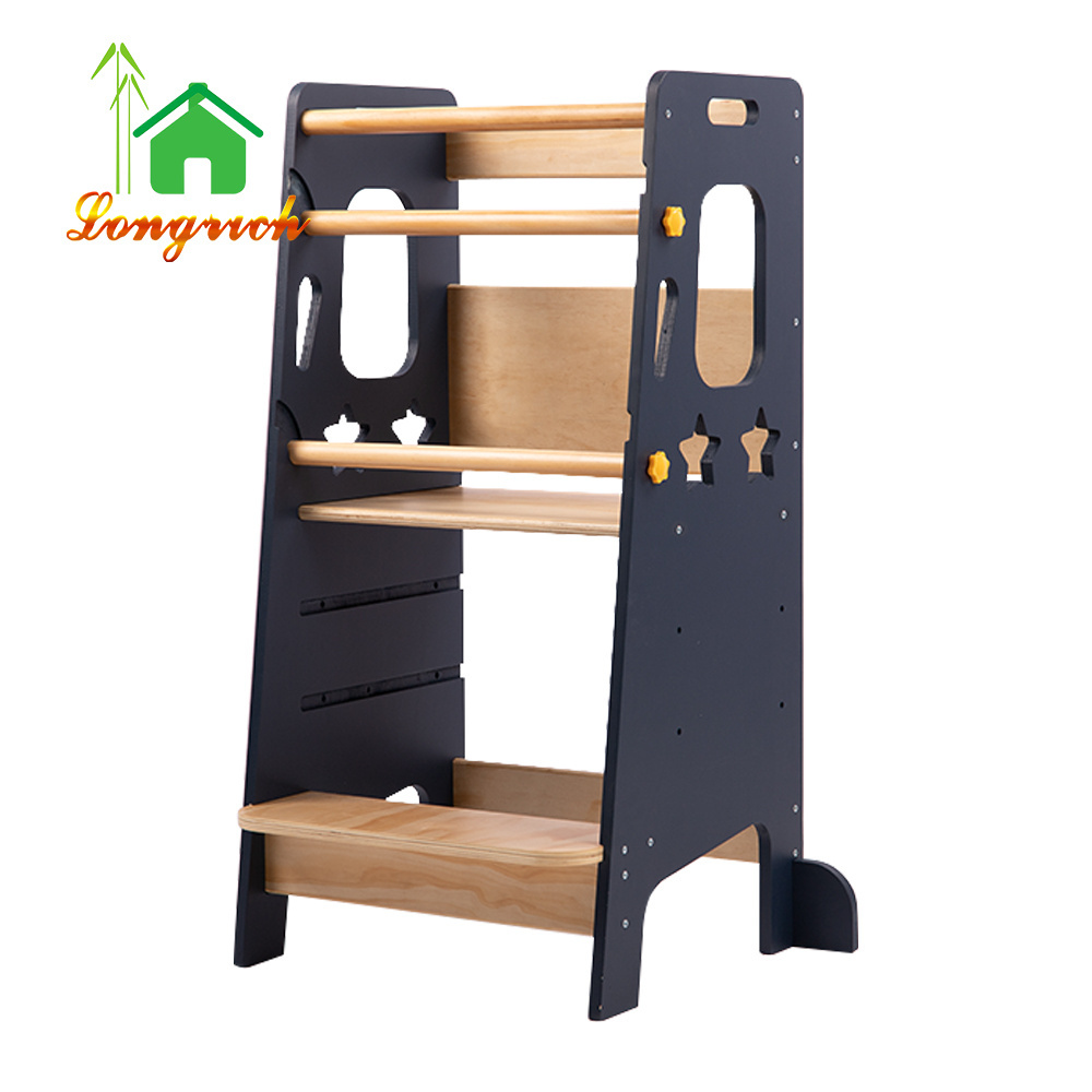 Wood Kitchen Helper Step Stool Learning Tower Adjustable Height Foldable Montessori Learning Tower With Blackboard