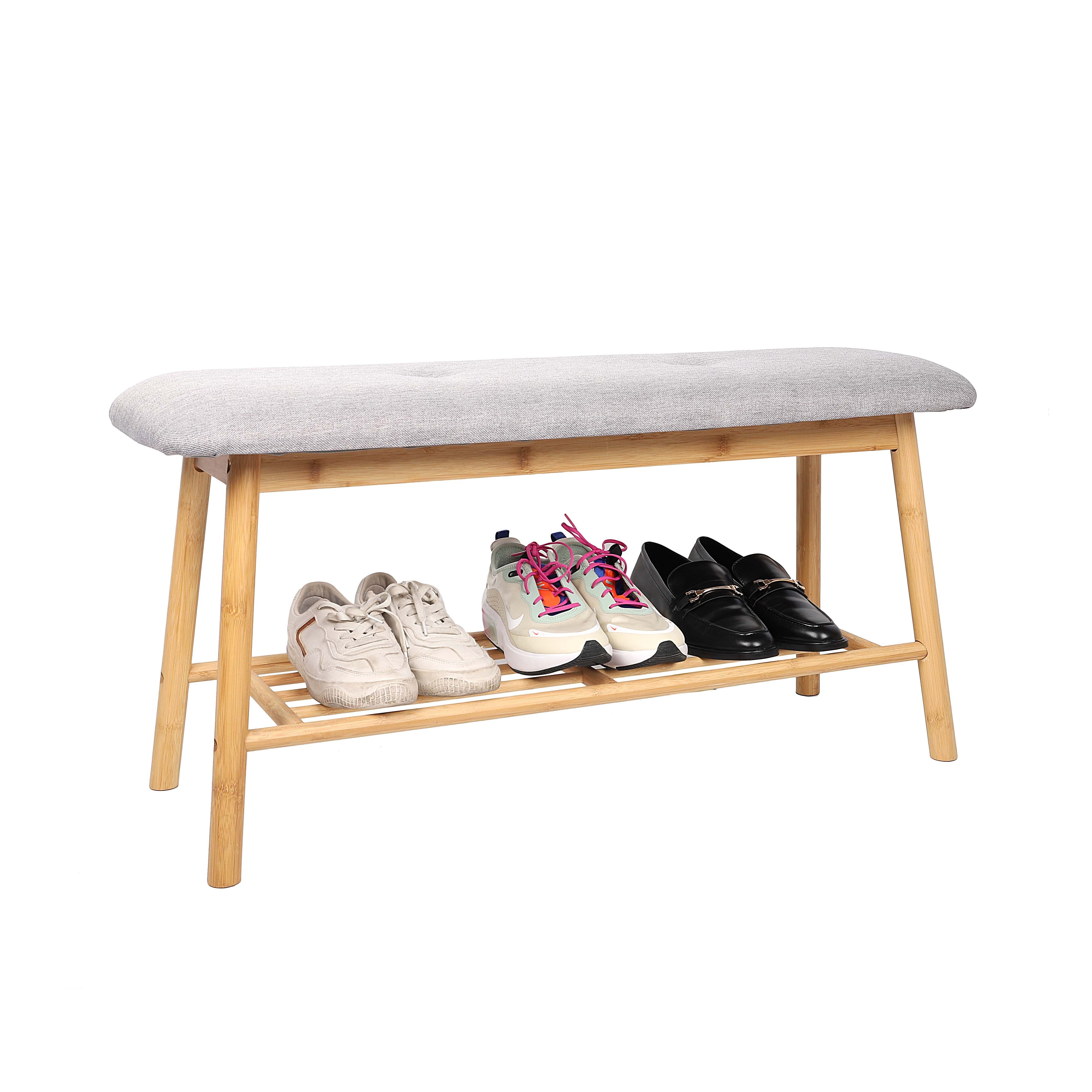 Bamboo Shoe Rack Cabinet Bench Storage Organizer with Cushion Upholstered Padded Seat