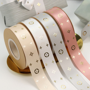 Foil Star Pattern Single Face Embossed Printed Satin Ribbon Gold Fresh Flowers RIBBONS Custom Ribbon with Printed Logo