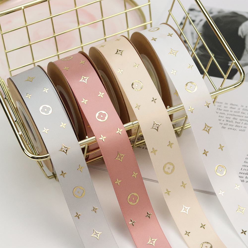 Foil Star Pattern Single Face Embossed Printed Satin Ribbon Gold Fresh Flowers RIBBONS Custom Ribbon with Printed Logo