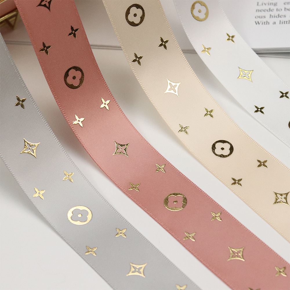 Foil Star Pattern Single Face Embossed Printed Satin Ribbon Gold Fresh Flowers RIBBONS Custom Ribbon with Printed Logo