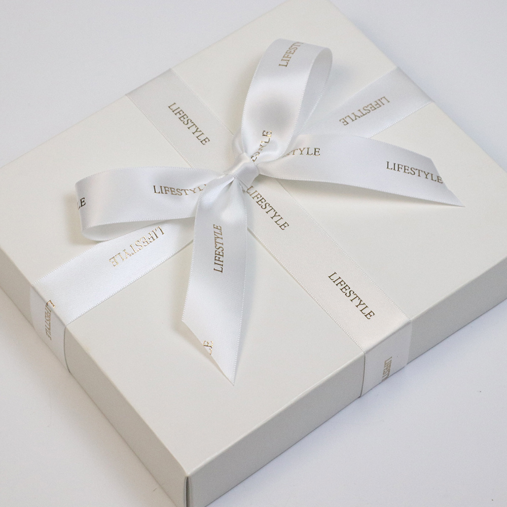 China lude  own brand name printed  raised gold foil printing white satin ribbon with logo