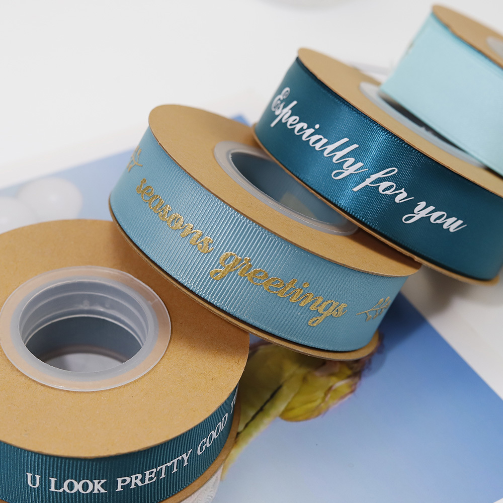 wholesale hot stamping 100% polyester grosgrain custom gift satin ribbons roll with logo for gift wrapping