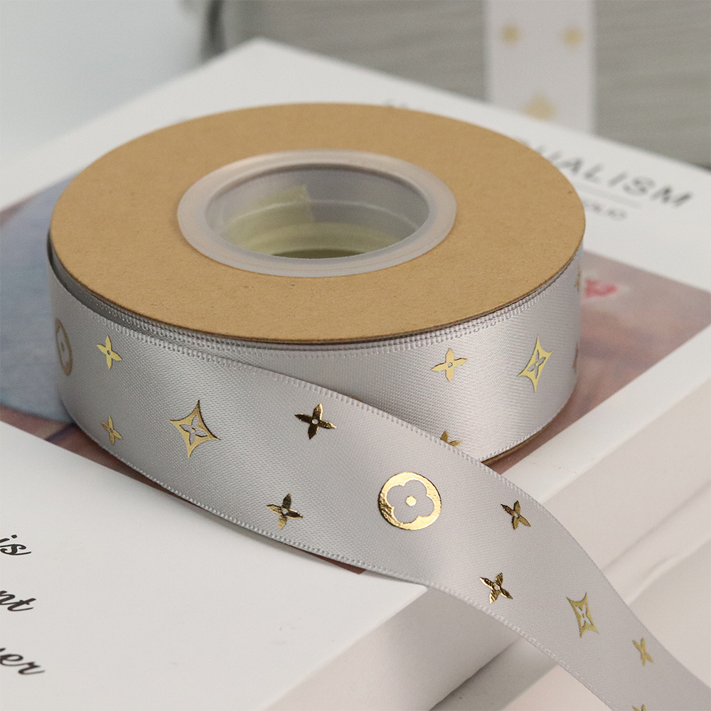 Foil Star Pattern Single Face Embossed Printed Satin Ribbon Gold Fresh Flowers RIBBONS Custom Ribbon with Printed Logo