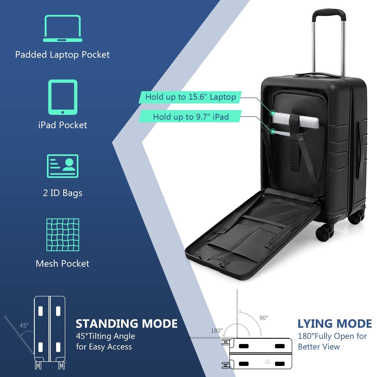 20inch Travel Safety Suitcase Front Pocket Carry On PC Spinner Trolley Expandable Tabletop External USB Charger & Spinner Wheels