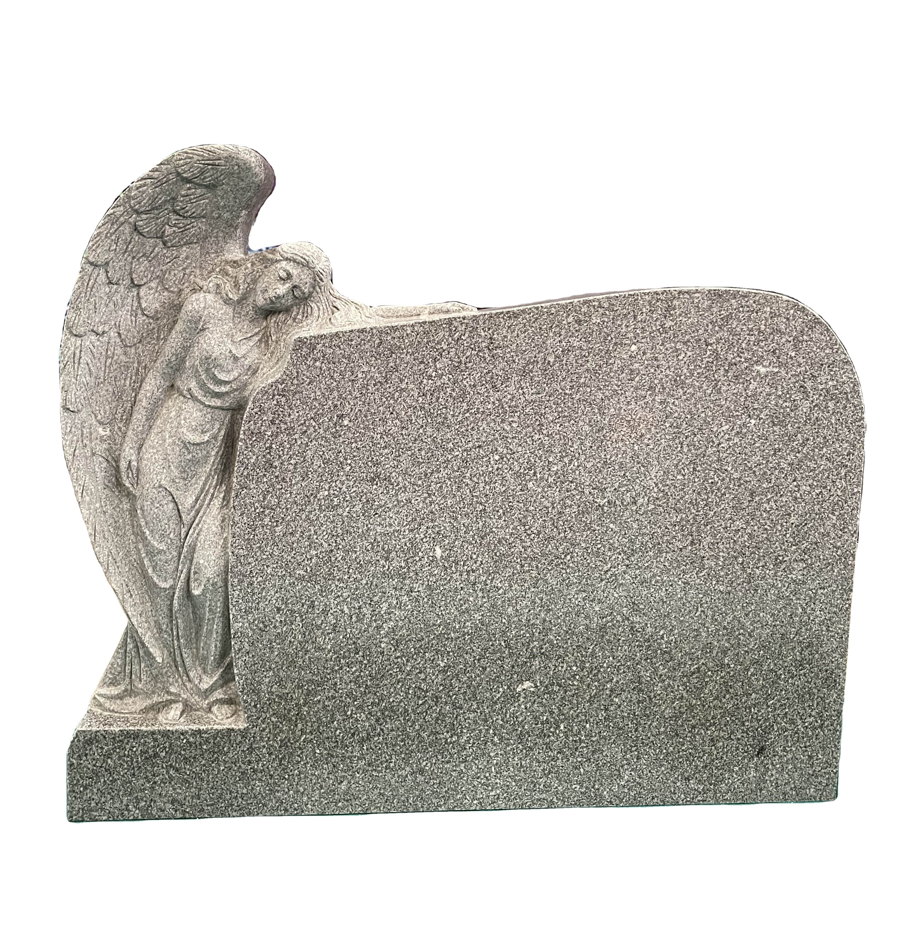 Gray granite  hand carving angel against upright grave stone headstone