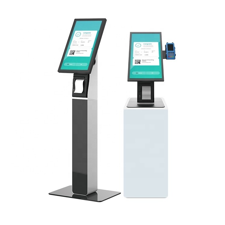 Free standing 21.5 inch interactive self service kiosk touchscreen bank queue kiosk