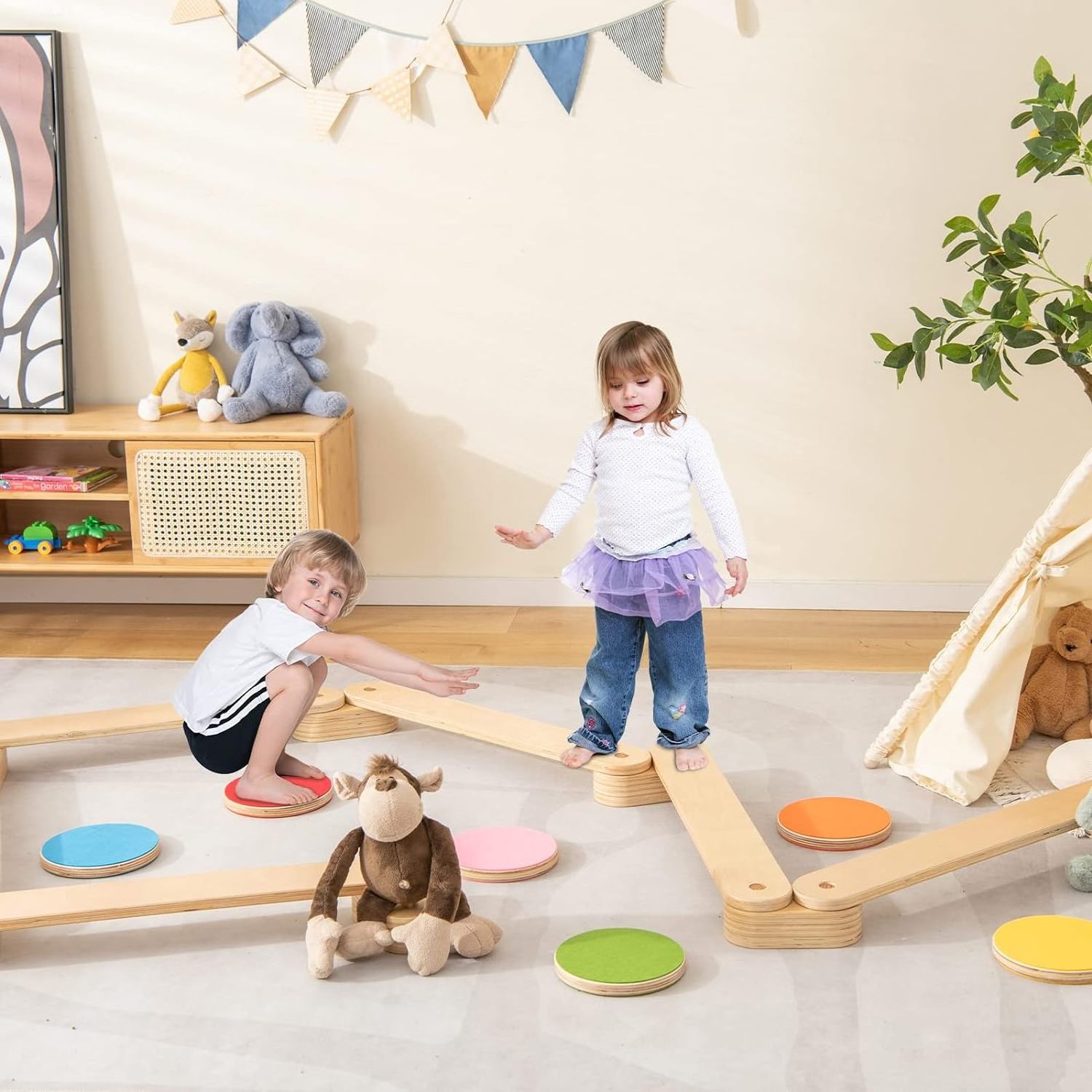 Montessori Wooden Balance Beam Stepping Stones for Kids Toddler Playroom Indoor Outdoor