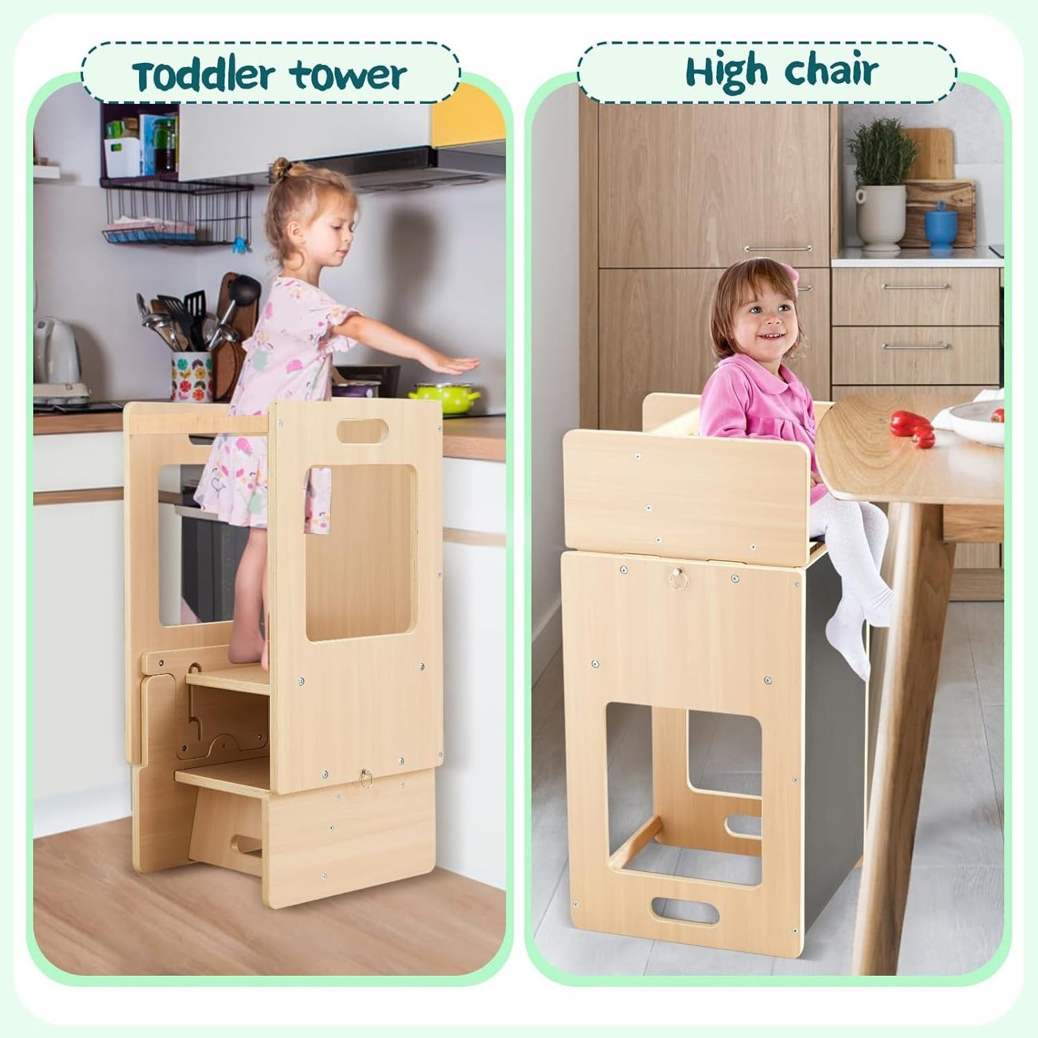 5 in 1 Toddler Tower Height Adjustable Wooden Toddler Kitchen Stool Helper with Chalkboard High Chair Desk Table All in one