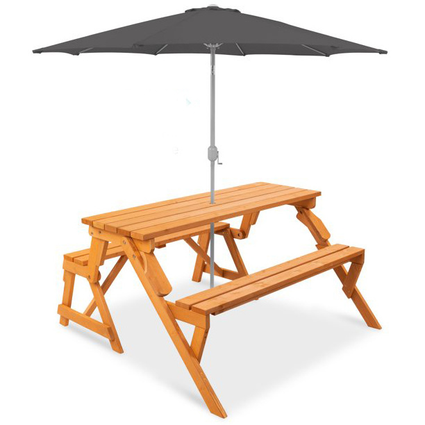 Wholesale 2-in-1 Outdoor Interchangeable Wooden Picnic Table Garden Bench  with  Umbrella Hole Natural