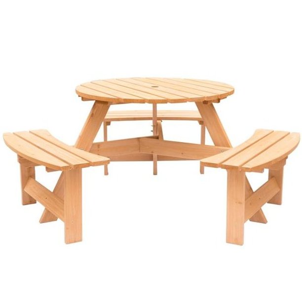 Wooden Outdoor Round Picnic Table with Bench for Patio 6-Person with Umbrella Hole Stained Dining Table set 6 Seater