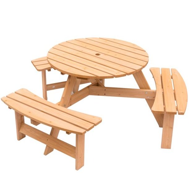 Wooden Outdoor Round Picnic Table with Bench for Patio 6-Person with Umbrella Hole Stained Dining Table set 6 Seater