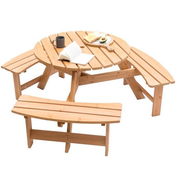 Wooden Outdoor Round Picnic Table with Bench for Patio 6-Person with Umbrella Hole Stained Dining Table set 6 Seater