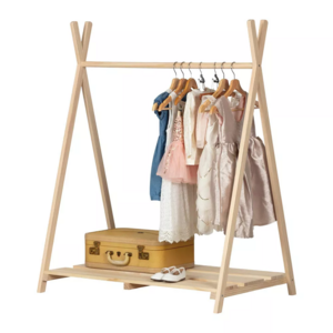 Natural Solid Wood Children Clothes Coat Rack For Kids With Rail Hanging Cloth Dress Up