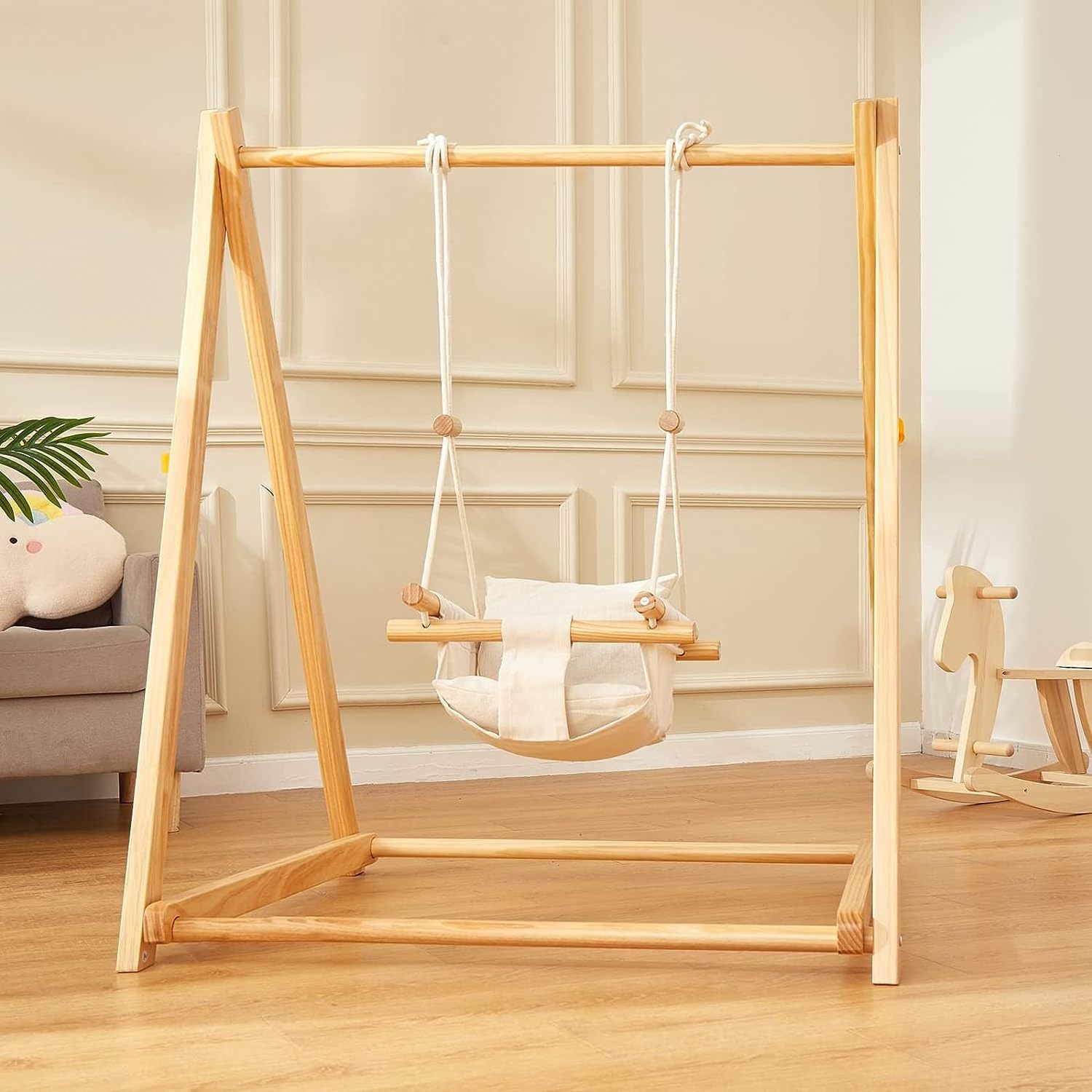 Indoor And Outdoor Backyard Solid Pine Foldable Wood Baby Toddler Swing Set