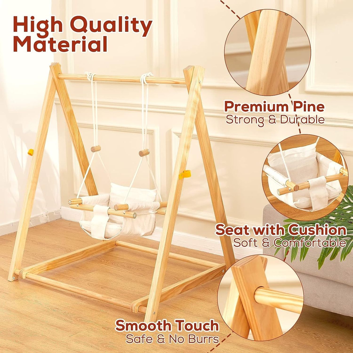 Indoor And Outdoor Backyard Solid Pine Foldable Wood Baby Toddler Swing Set