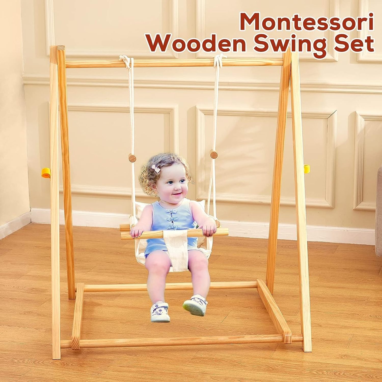 Indoor And Outdoor Backyard Solid Pine Foldable Wood Baby Toddler Swing Set