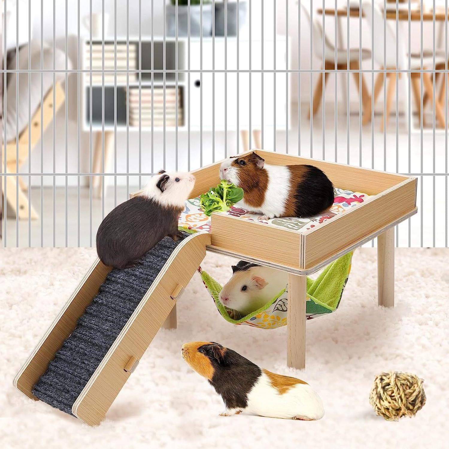 Guinea Pig Hammock Wooden Hamster Hiding With Stairs Pet Parrot Rabbit Toy Pet Wooden Nest