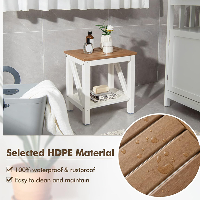 Waterproof Shower Bench HDPE Spa Bath Seat with Storage Shelf and Non-Slip Foot Pads 2-Tier Safety Slatted Seat Footrest Plastic