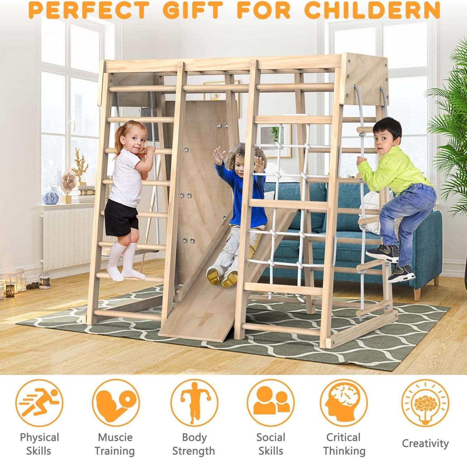 Indoor Gym Toddler Climbing Toys Climber Play Set With Slide Climbing Rock Net Abacus Game and Swing For Kids Playing