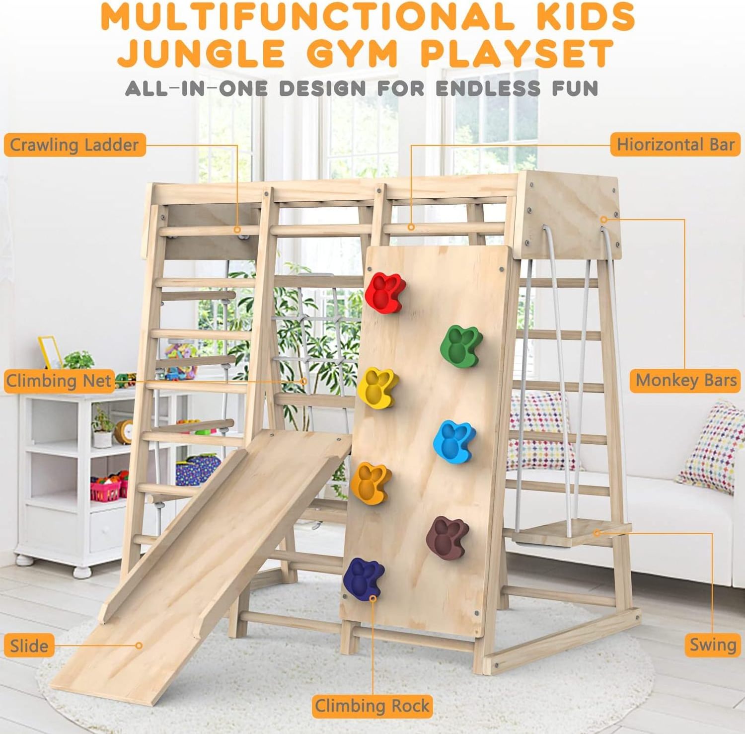 Indoor Gym Toddler Climbing Toys Climber Play Set With Slide Climbing Rock Net Abacus Game and Swing For Kids Playing