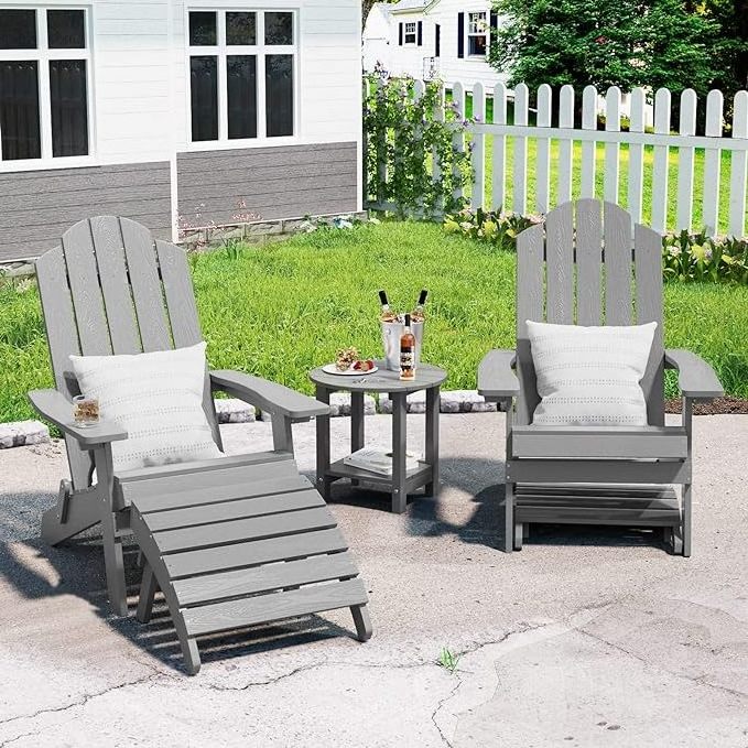 Folding Adirondack Chair & Table & Ottoman 3-Piece Set Weather Resistant Plastic Chairs Adorondic Set