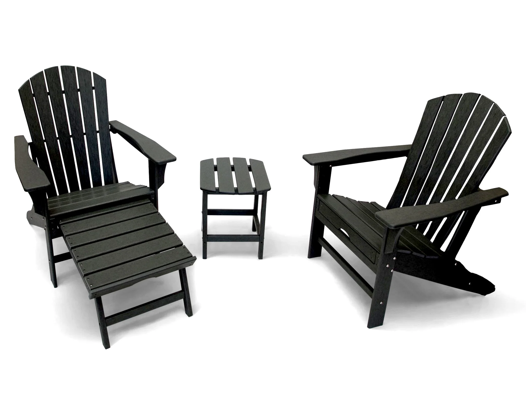 Set Of 3 HDPE Recycled Plastic Outdoor Patio Adirondack Chair With Hideaway Ottoman and Table