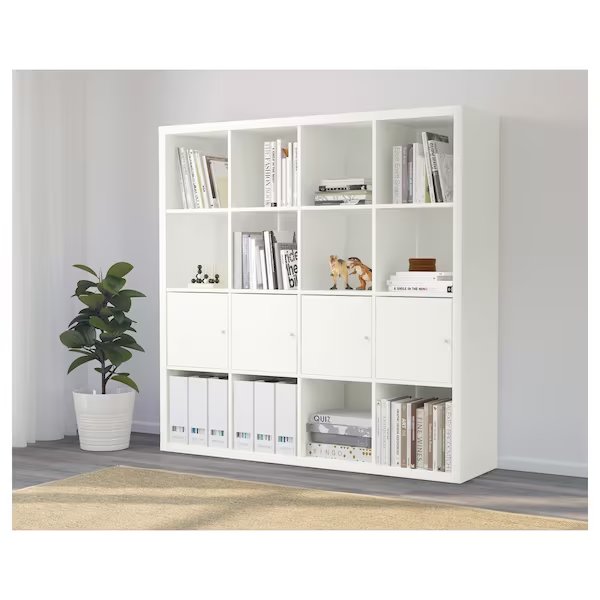 White Modern Wood Shelving Unit With 4 Inserts For Storage With Doors