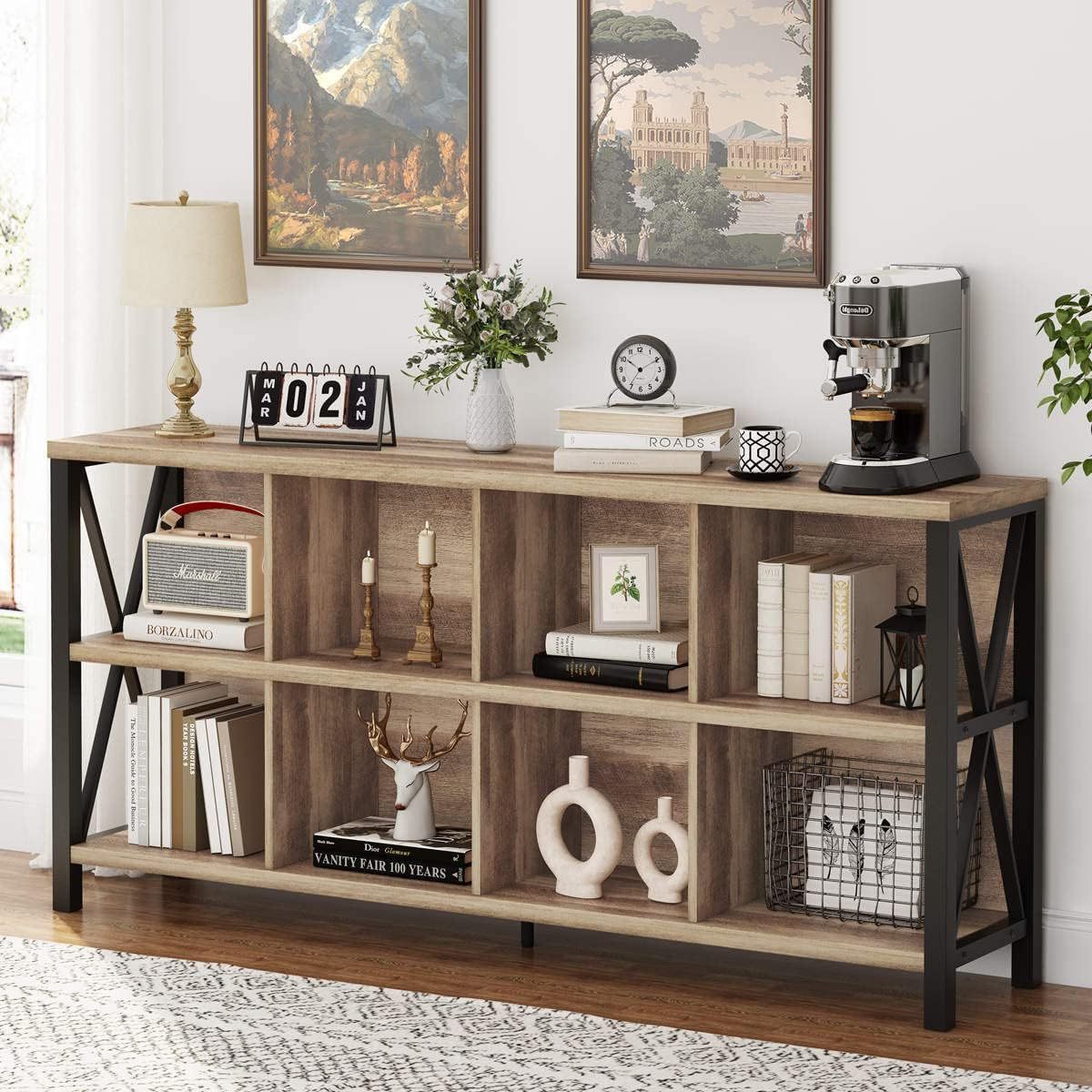 8 Cube Storage Organizer Bookshelf Rustic Wood Cubby Bookcase For Living Room