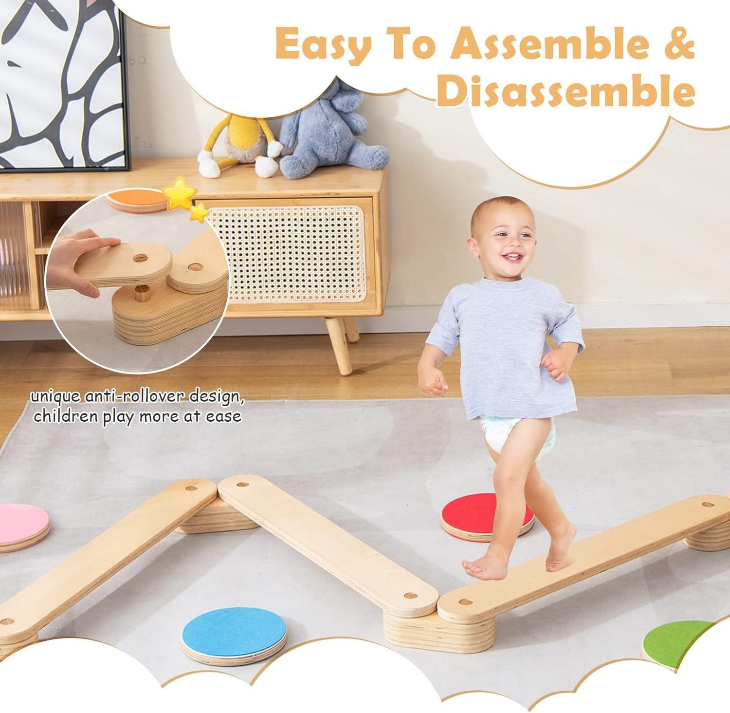 Montessori Wooden Balance Beam Stepping Stones for Kids Toddler Playroom Indoor Outdoor