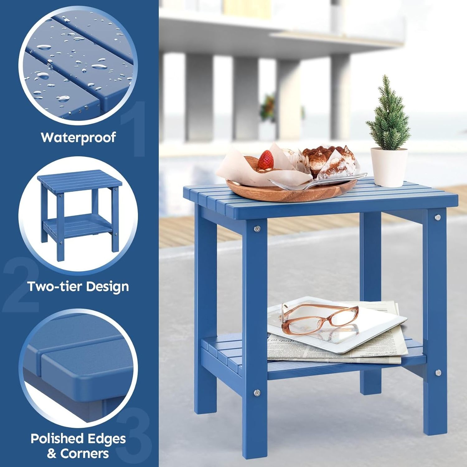 2-Tier Adirondack Square Side Table HDPE Outdoor Side Tables Weather Resistant End Table for Patio Backyard Pool