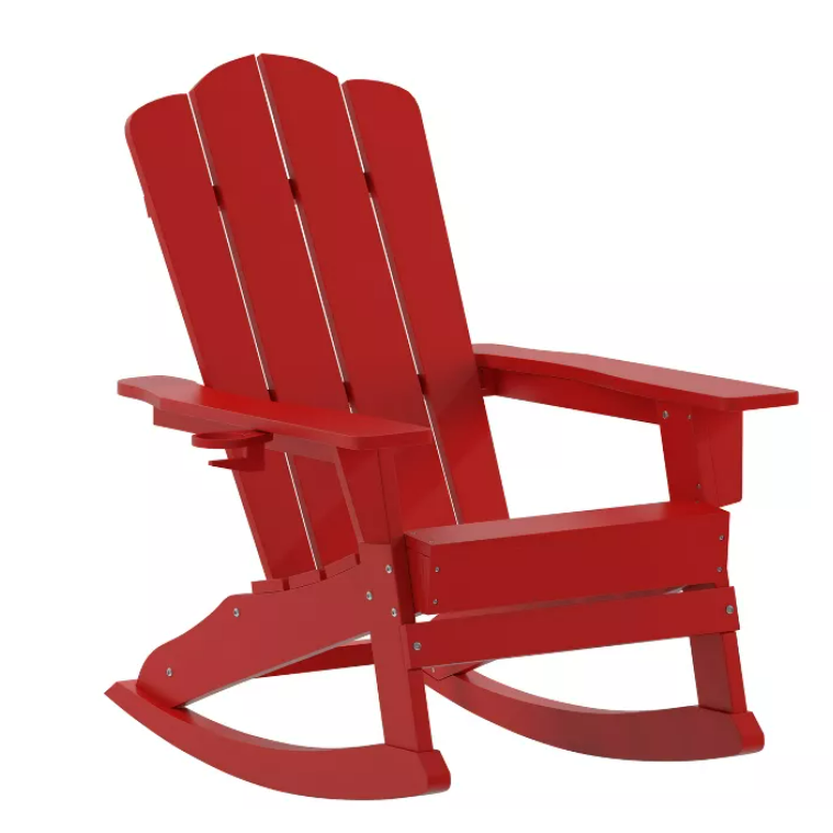 All Weather Resistant Outdoor Garden Beach Red HDPE Adirondack Rocking Chair With Cup Holder