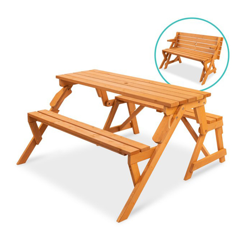 Wholesale 2-in-1 Outdoor Interchangeable Wooden Picnic Table Garden Bench  with  Umbrella Hole Natural