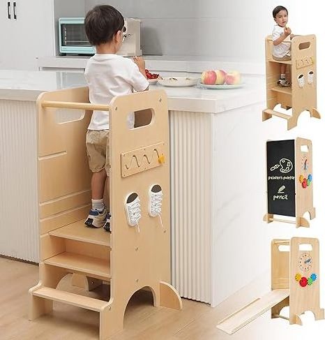 4 in 1 Toddler Kitchen Stool Helper Wooden Height Adjustable Standing Tower with Slide High Chair Montessori Activities