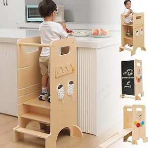 4 in 1 Toddler Kitchen Stool Helper Wooden Height Adjustable Standing Tower with Slide High Chair Montessori Activities