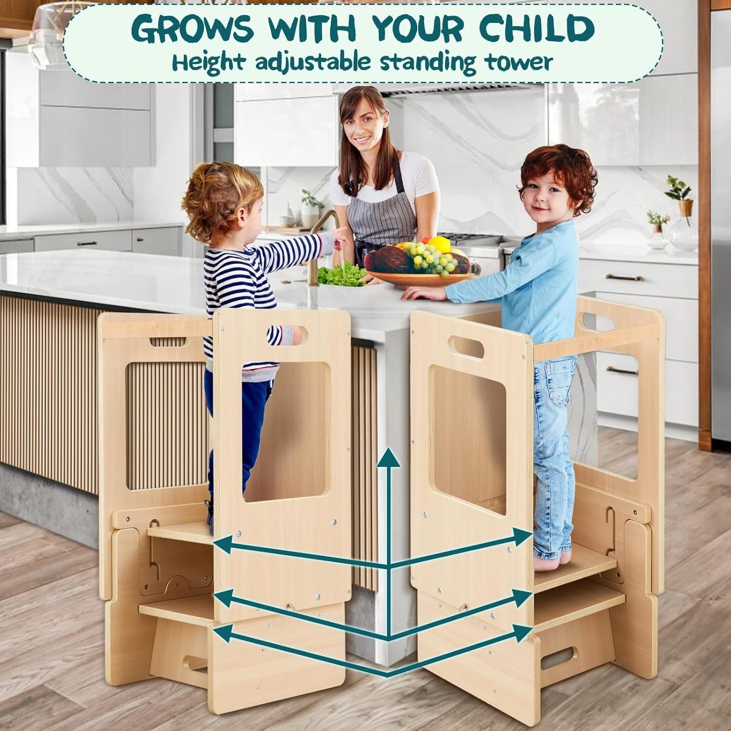 5 in 1 Toddler Tower Height Adjustable Wooden Toddler Kitchen Stool Helper with Chalkboard High Chair Desk Table All in one