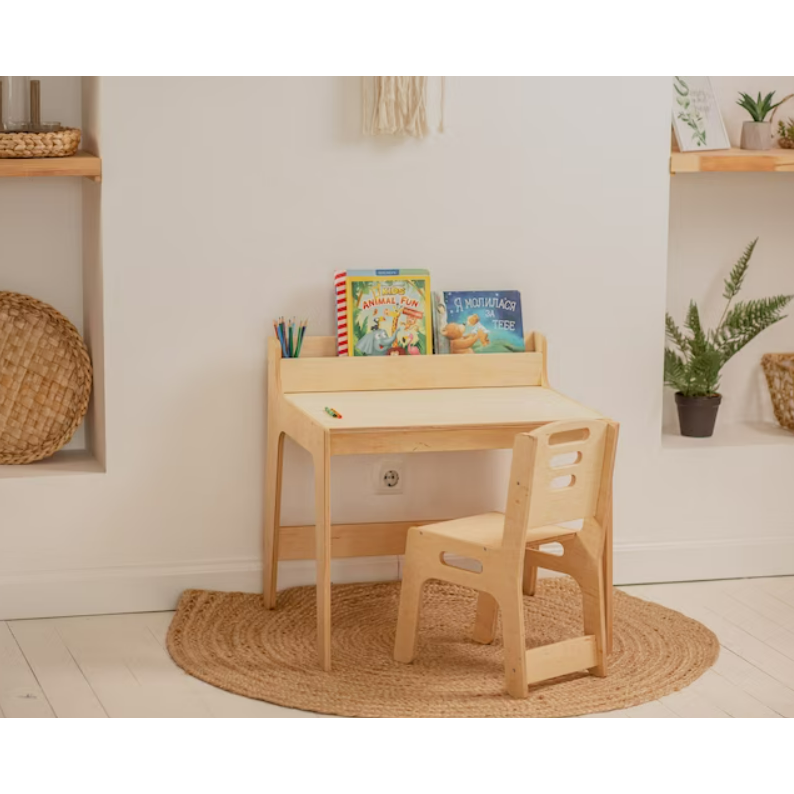 Montessori Children Activity Desk Learning Preschool Desk Kids Writing Sensory Table And Chair With Bookshelf Toddler