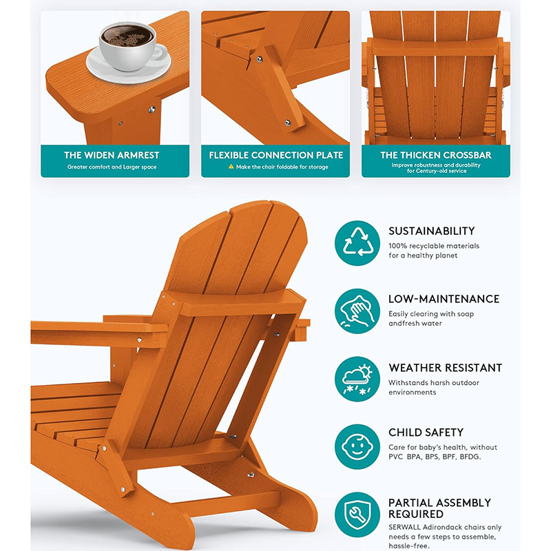 Folding Adirondack Chair with Side Table 3-Piece Adirondack Chair Set Orange (Includes 2 Chairs and 1 Table)