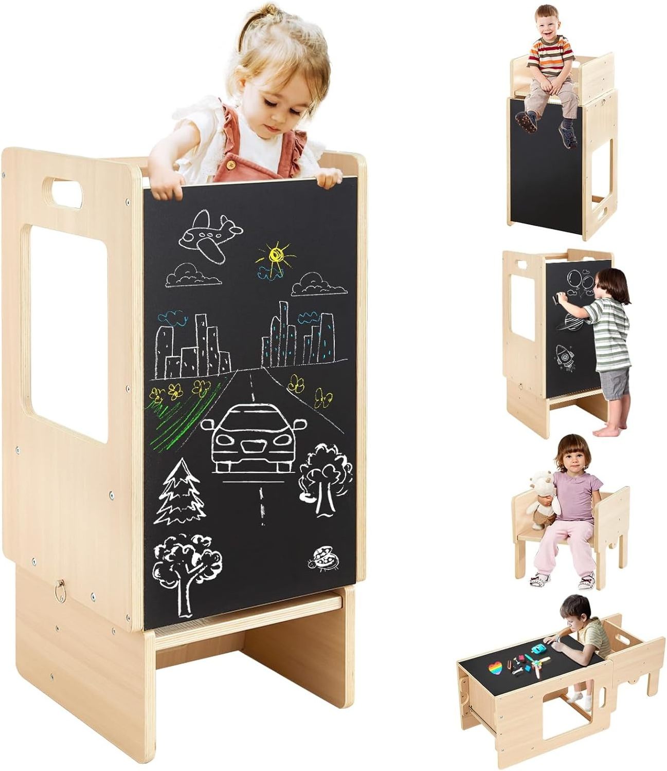 5 in 1 Toddler Tower Height Adjustable Wooden Toddler Kitchen Stool Helper with Chalkboard High Chair Desk Table All in one